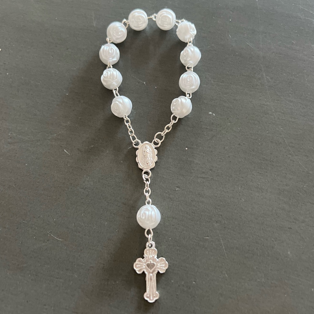 Travel On The Go Rosary White Mother Of Pearl Rose Flower Beads Silver Cross 8$